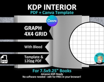 CANVA 7.5x9.25" GRAPH 4x4 Grid Lined Interior Editable Template Blank Notebook Math Journal for Amazon KDP | With Bleed | + 120 Pages Pdf
