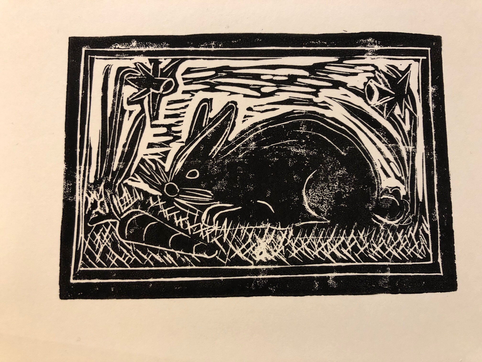 Lino cut print of a rabbit with daffodils and a carrot Etsy
