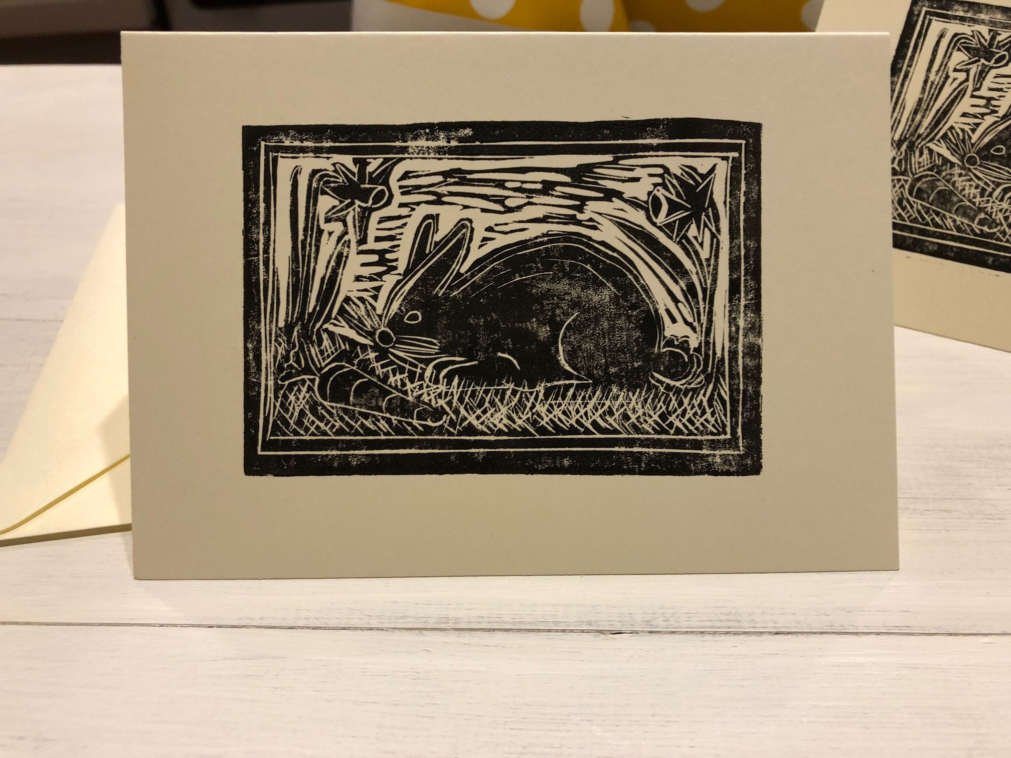 Lino cut print of a rabbit with daffodils and a carrot Etsy