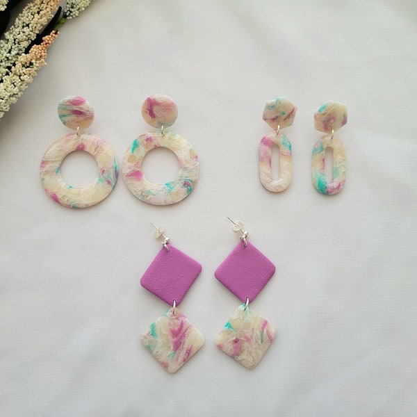 Spring Serenity: Handcrafted Marble Polymer Clay Earrings Trio