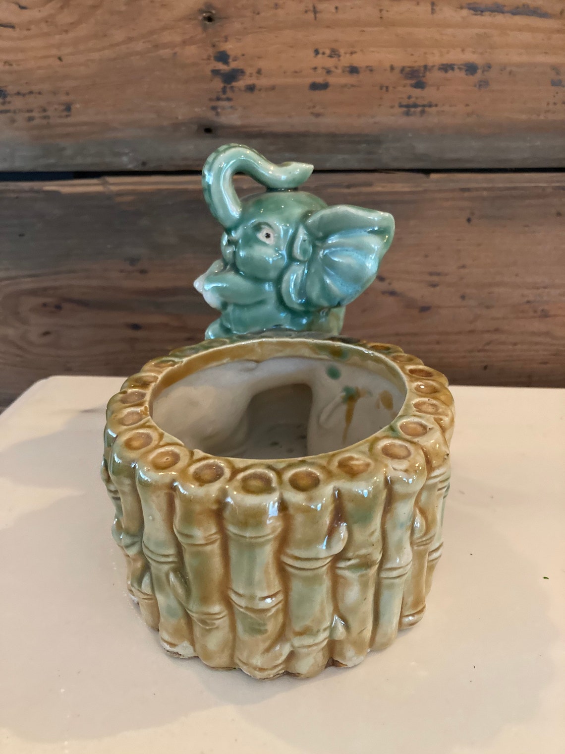 Vintage Ceramic Elephant with Bamboo Planter Etsy