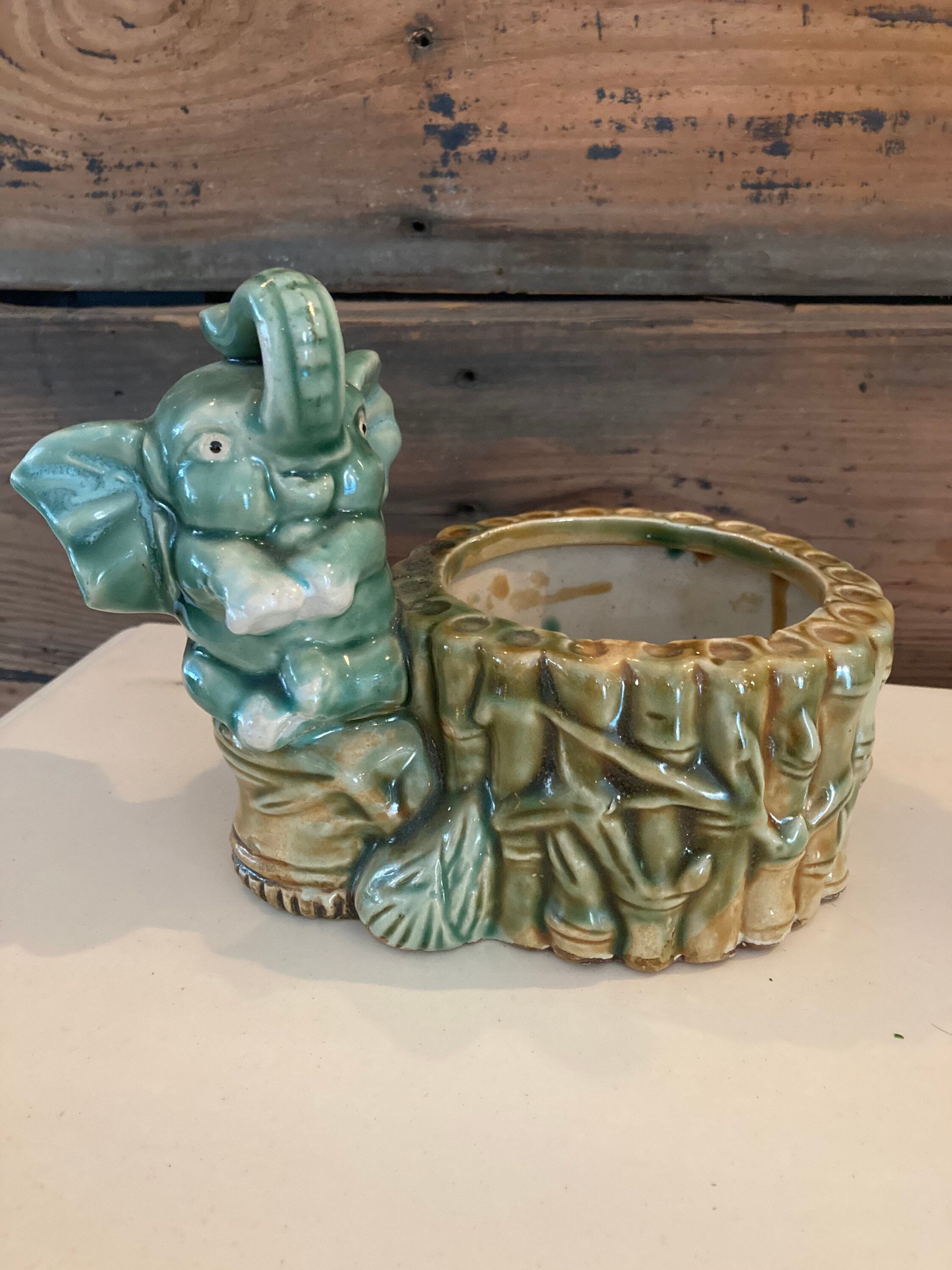 Vintage Ceramic Elephant with Bamboo Planter Etsy