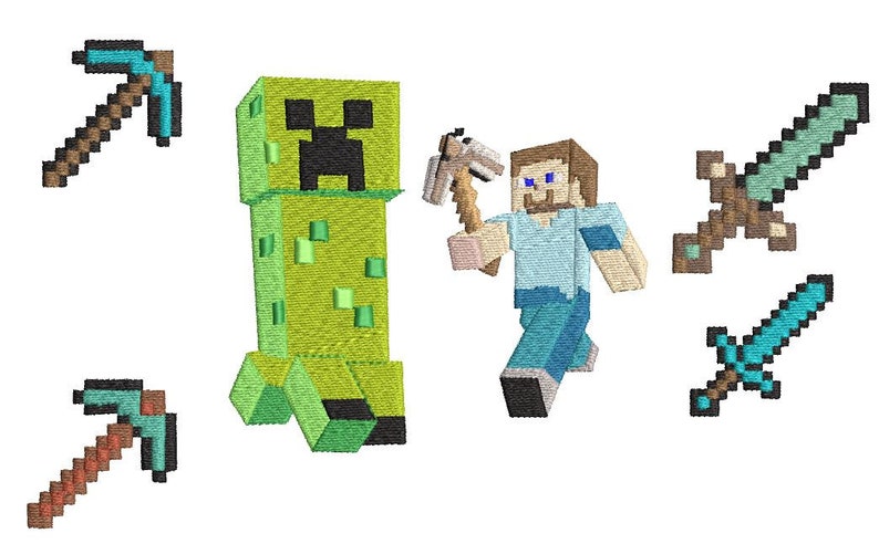 Gaming Creeper, weapons and steve pack Embroidery Design. image 1