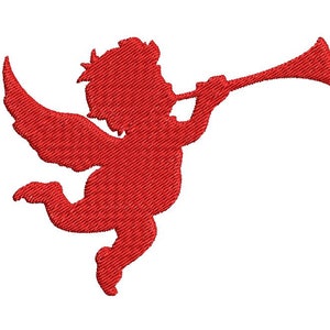 Puede incluir: Silueta roja de un querub&iacute;n tocando una trompeta. El querub&iacute;n tiene alas y est&aacute; en posici&oacute;n de vuelo.