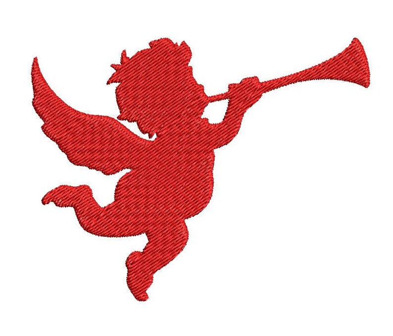 Puede incluir: Silueta roja de un querub&iacute;n tocando una trompeta. El querub&iacute;n tiene alas y est&aacute; en posici&oacute;n de vuelo.