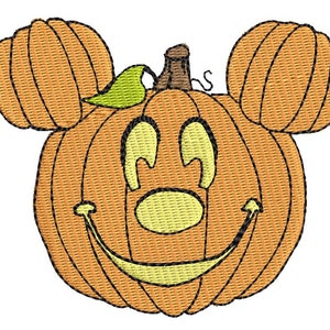 May include: An orange pumpkin carved into the shape of Mickey Mouse's head. The pumpkin has a wide smile and two large eyes.