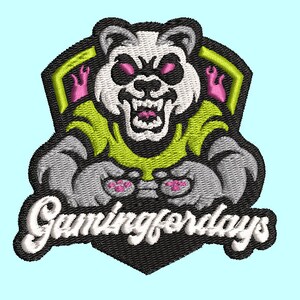 May include: Embroidered patch featuring a fierce panda bear with glowing pink eyes and a green and black design. The panda is holding a game controller. The text "Gamingfordays" is written in white script below the panda.