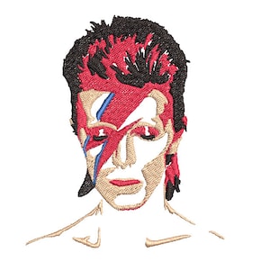 May include: Embroidered image of David Bowie with a red and blue lightning bolt makeup design on his face.