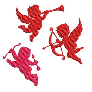 May include: Three red and pink embroidered silhouettes of cupids. One cupid is playing a trumpet, one is holding a bow and arrow, and one is holding an arrow.