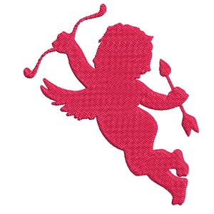 Puede incluir: Una silueta rosa de un cupido con alas, sosteniendo una flecha y un arco. El cupido est&aacute; volando por el aire.