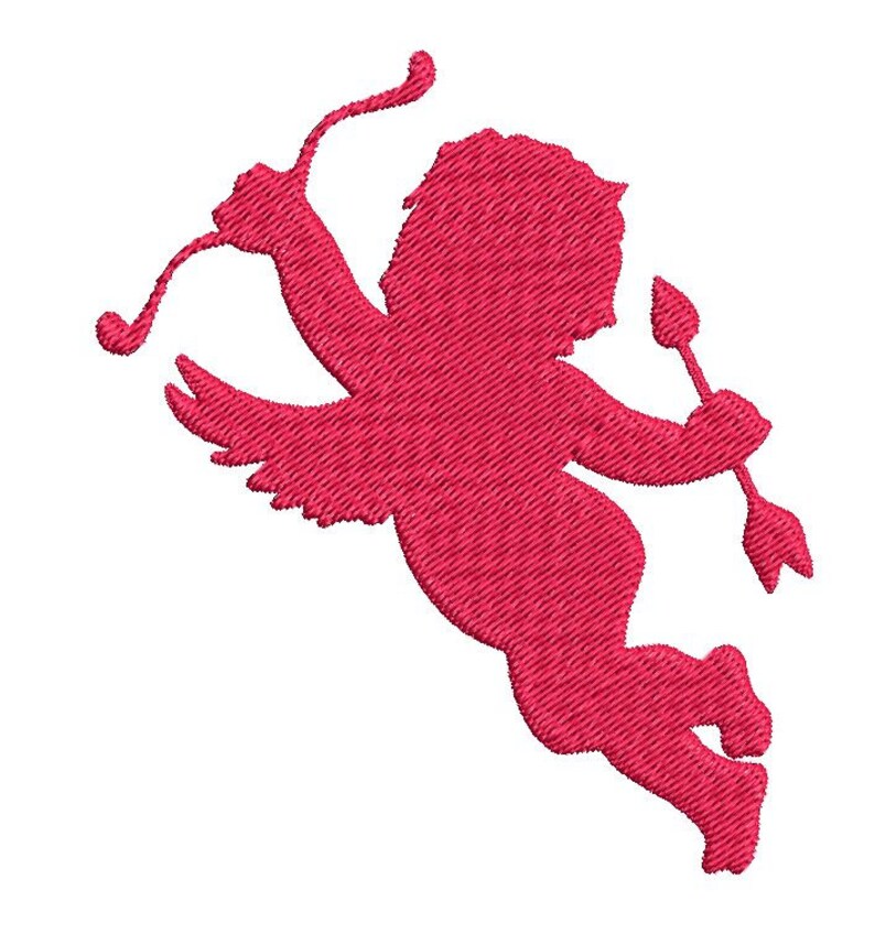 Puede incluir: Una silueta rosa de un cupido con alas, sosteniendo una flecha y un arco. El cupido est&aacute; volando por el aire.
