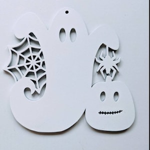 Halloween Ghost Ornament with Pumpkin, Spider and Web - digital files for crafts, laser cut with glowforge and other laser cutters