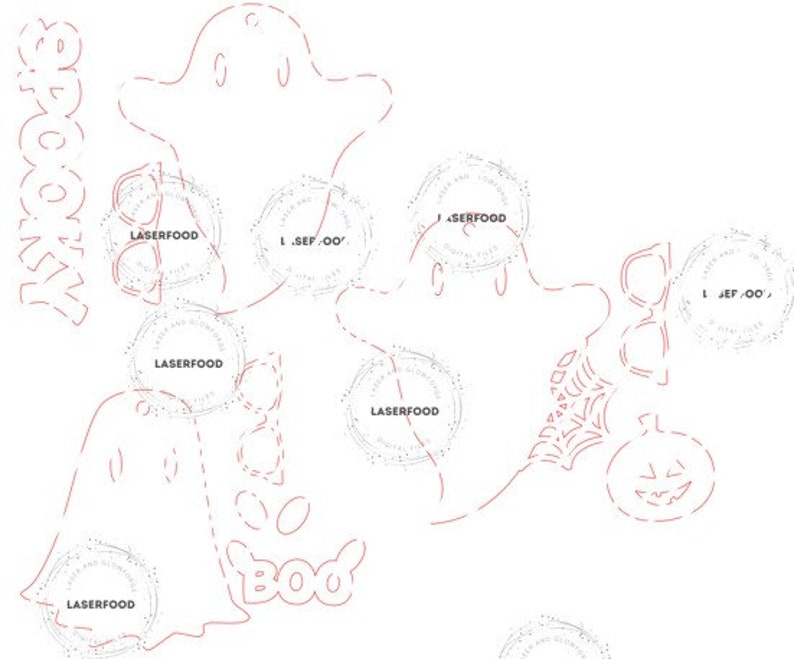 May include: A white outline of a ghost with the word "BOO" written underneath. There are several circles with the text "LASERFOOD" and "J.SEP 'OO" inside. There is also a pumpkin and a spider web.