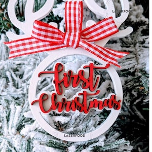 Baby First Christmas Bauble with Antlers Or Present Tag File for newborn baby - Glowforge Ready Laser Template SVG DXF Laser Cut Files