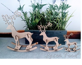 Reindeer 3D Miniatures - 3 sizes on rockers  - Laser Cut Files digital files for laser cutting using Glowforge + other laser cutters svg dxf