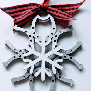 Fer à cheval équestre de Noël SVG + Ornement de flocon de neige Guirlandes & Baubles - fichiers numériques pour l’artisanat, fichier découpé au laser équin pour glowforge