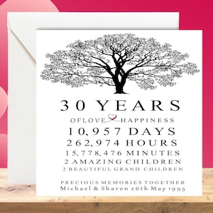 Regalo personalizado para el 30.° aniversario de bodas, 30.° aniversario, tarjeta con forma de árbol para el aniversario de bodas, tarjeta de aniversario para cualquier año - Pearl Anniversary