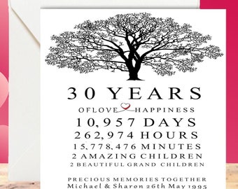 May include: A black and white illustration of a tree with the text "30 Years of Love Happiness 10,957 Days 262,974 Hours 15,778,476 Minutes 2 Amazing Children 2 Beautiful Grand Children Precious Memories Together Michael & Sharon 26th May 1995"