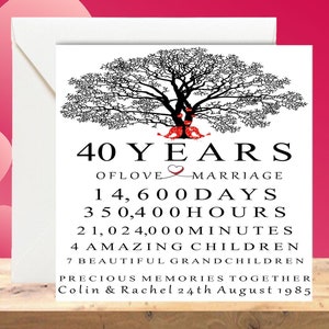 Tarjeta personalizada para el 40.° aniversario de bodas, 40.° aniversario, tarjeta con forma de árbol para aniversario de bodas, tarjeta de aniversario para cualquier año - Ruby Anniversary