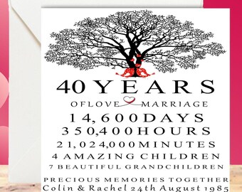 Personalised 40th Wedding Anniversary Card, 40th Anniversary, Wedding Anniversary Tree Card, Any Year Anniversary Card - Ruby Anniversary