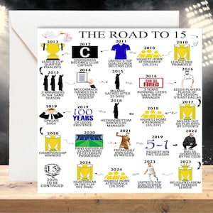 Tarjeta de cumpleaños personalizada para 15, 14, 13, 12, 11 y 10 años, camino a los 15 años, hijo, hermano, sobrino, tarjeta de hito personalizada, tarjeta inspirada en Leeds