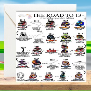 May include: A colorful infographic depicting the journey of Formula One drivers to win 13 championships. The infographic features images of drivers and their cars from 2012 to 2024, highlighting key moments and milestones in their careers. The infographic includes the text "The Road to 13 - Drivers Championship Edition".