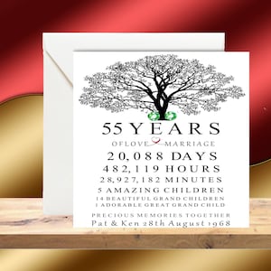 Tarjeta personalizada del 55.° aniversario de bodas, 55.° aniversario, tarjeta con forma de árbol para aniversario de bodas, tarjeta de aniversario de cualquier año/aniversario esmeralda