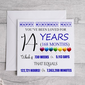 Tarjeta personalizada de 14 años - Tarjeta de recuerdo del 14.º cumpleaños - Para él/ella, hija, hijo, nieta, nieto, sobrina, sobrino, impresión de hito