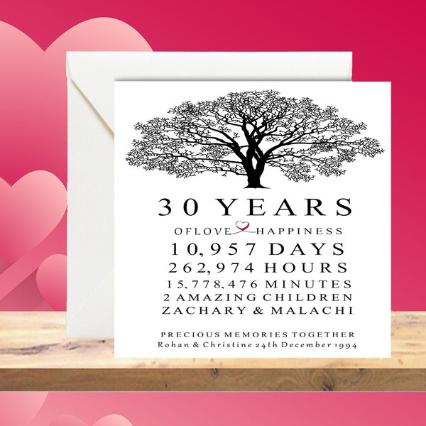 Personalised 30th Wedding Anniversary Gift, 30th Anniversary, Wedding Anniversary Tree Card, Any Year Anniversary Card - Pearl Anniversary