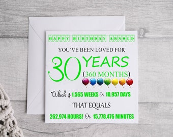 Personalised 30 Years Print Card - 30th Birthday Keepsake Card, For Him/Her, Daughter, Son, Brother, Sister, Wife, Husband, Custom Print