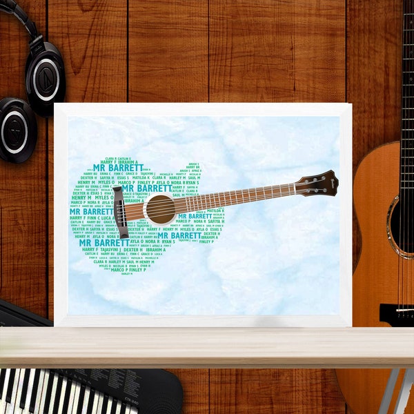 Personalised Acoustic Guitar Print  - Custom Word Art Prints - Birthday, Guitar Print, Musician Gifts - For Him, Men, Boys, Dad, Son