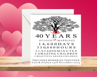 Personalised 40th Wedding Anniversary Card, 40th Anniversary, Wedding Anniversary Tree Card, Any Year Anniversary Card - Ruby Anniversary