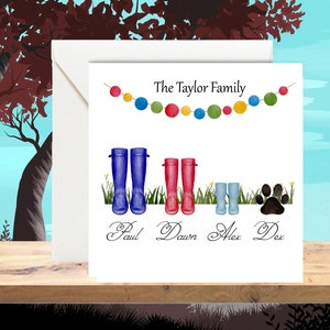 Tarjeta familiar personalizada Wellies - Tarjeta familiar Welly - Nueva tarjeta de hogar - Tarjeta Wellies - Retrato familiar personalizado - Tarjeta familiar, Tarjeta de cumpleaños