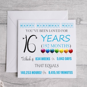 Tarjeta personalizada de 16 años - Tarjeta de recuerdo del 16 cumpleaños - Para él/ella, hija, hijo, nieta, nieto, sobrina, sobrino, impresión de hito