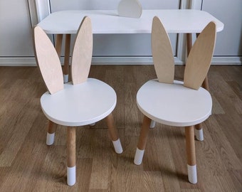 Wooden kid furniture set Toddler table and chair set Kid playing furniture Small child table Bunny ears chairs set Hare chair Bunny chair