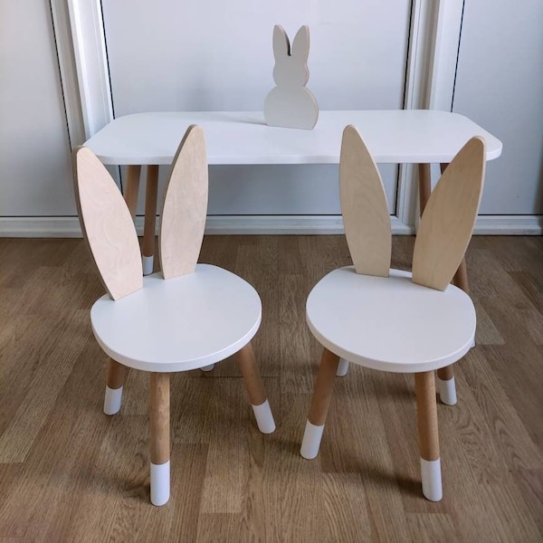 Set di mobili per bambini in legno Set tavolo e sedia per bambini Mobili da gioco per bambini Tavolino per bambini Set di sedie con orecchie da coniglio Sedia lepre Sedia coniglietto