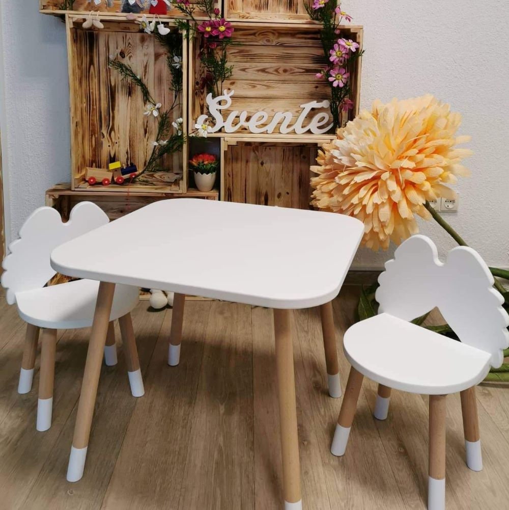 EASYCOMFORT Set Tavolo e Sedie 3 Pezzi per Bambini 3-8 Anni in MDF e Legno  di Pino, Verde