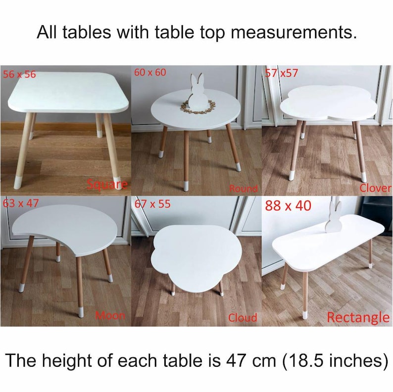 May include: Ten different wooden children's tables with white tops in various shapes, including square, round, clover, moon, cloud, and rectangle. The table tops are labeled with their dimensions in inches. The height of each table is 18.5 inches.
