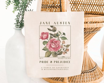 Jane Austen Tote Bag Pride and Prejudice Tote Bag Book Tote Bag Literary Tote Bag Bookish Tote Bag Jane Austen Gifts Library Bag Book Merch