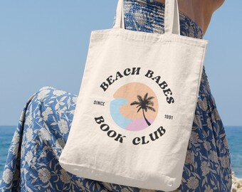 Beach Babes Book Club Retro Tote Bag Bookish Tote Bag Reading Tote Bag Booktok Trendy Tote Bag Literary Tote Library Bag Summer Tote Bag