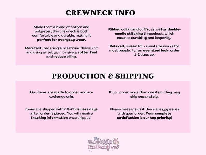 May include: A pink and white graphic with the text "CREWNECK INFO" and "PRODUCTION & SHIPPING". The text describes the details of a crewneck sweater, including the materials, fit, and shipping information.