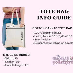 May include: A beige cotton canvas tote bag with the text "TOTE BAG INFO GUIDE". The bag is 15 inches wide, 16 inches long, and has a handle length of 20 inches. The bag is made of 100% cotton canvas with reinforced stitching on the handles.