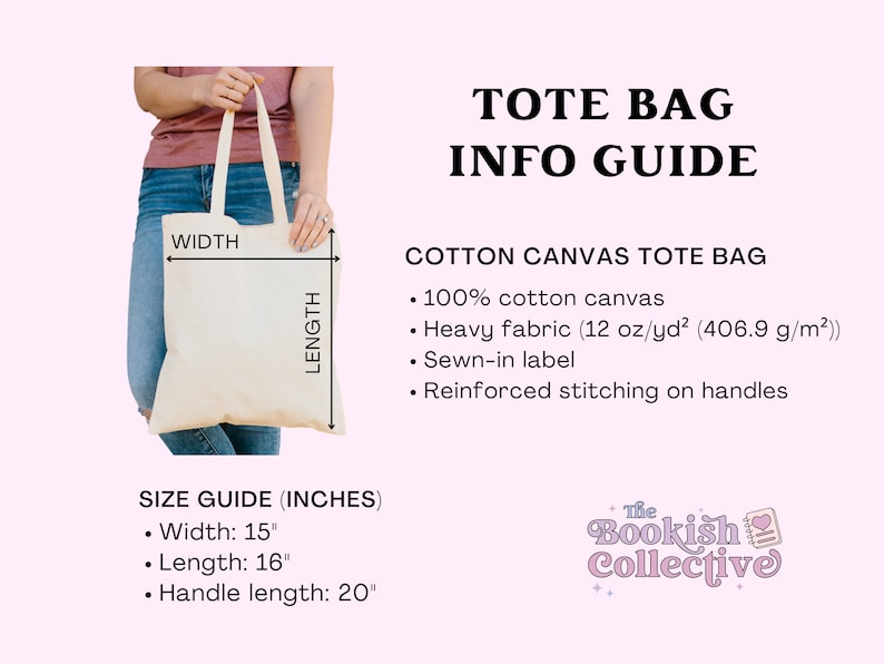 May include: A beige cotton canvas tote bag with the text "TOTE BAG INFO GUIDE". The bag is 15 inches wide, 16 inches long, and has a handle length of 20 inches. The bag is made of 100% cotton canvas with reinforced stitching on the handles.