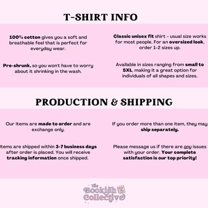 Pode incluir: Gr&aacute;fico rosa e branco com o texto "Informa&ccedil;&otilde;es da camiseta" e "Produ&ccedil;&atilde;o e envio". O texto descreve os detalhes da camiseta, incluindo o material, o caimento, o tamanho e as informa&ccedil;&otilde;es de envio.