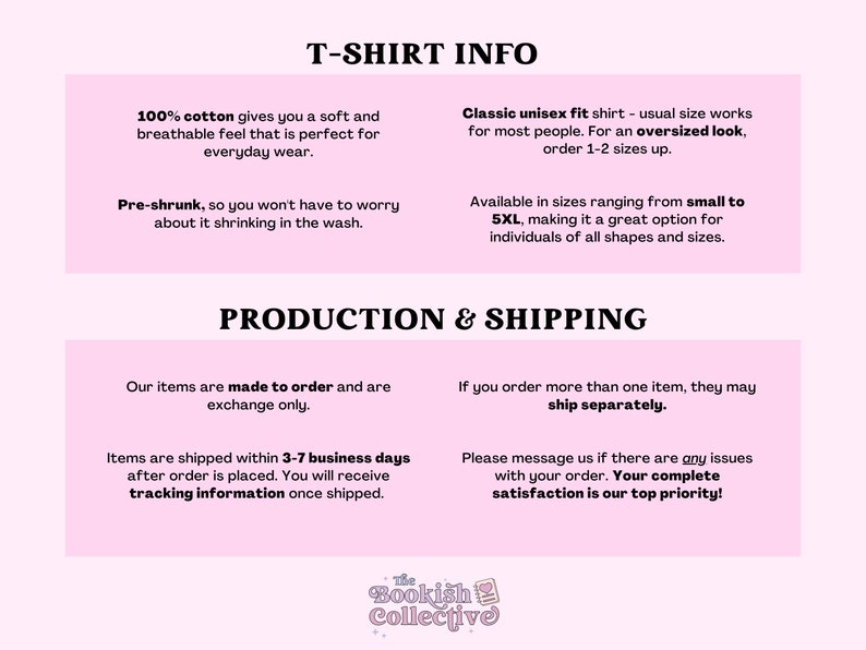 Pode incluir: Gr&aacute;fico rosa e branco com o texto "Informa&ccedil;&otilde;es da camiseta" e "Produ&ccedil;&atilde;o e envio". O texto descreve os detalhes da camiseta, incluindo o material, o caimento, o tamanho e as informa&ccedil;&otilde;es de envio.