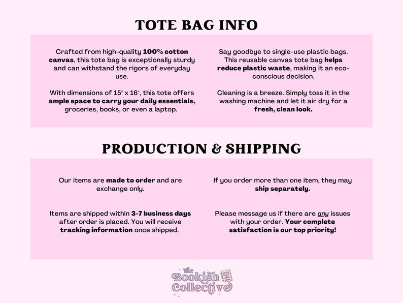 May include: Informational text about a tote bag, including dimensions of 15" x 16", made from 100% cotton canvas. The text highlights the bag's durability, ample space for essentials, and eco-friendly benefits. It also mentions care instructions.