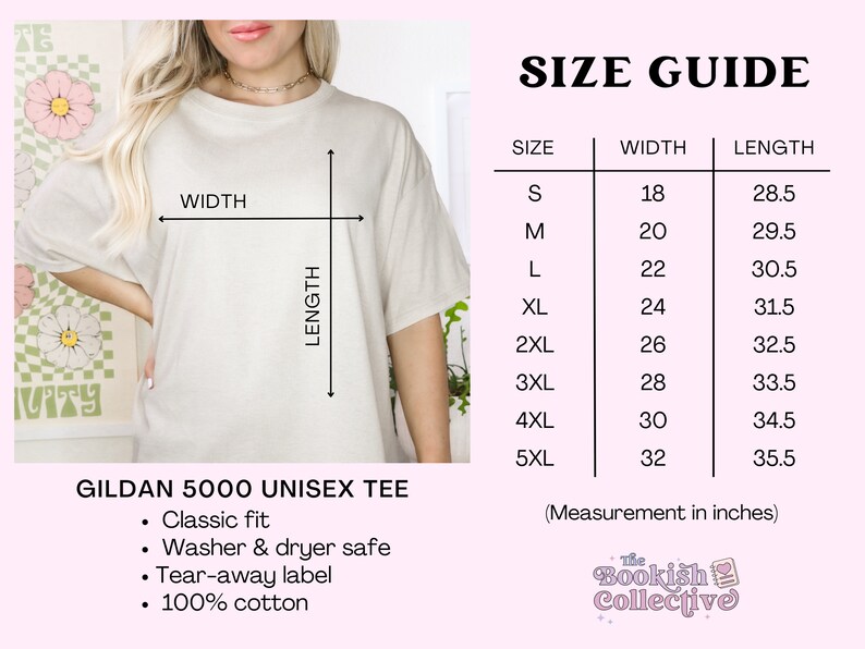 Op de afbeelding: Maattabel voor een Gildan 5000 unisex T-shirt, met breedte- en lengtemaat in inches voor maten S tot en met 5XL. De tabel staat op een roze achtergrond met een witte rand.