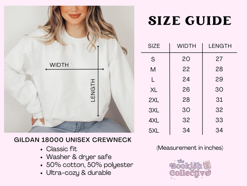 May include: Size chart for a white unisex Gildan 18000 crewneck sweatshirt. The chart shows the width and length measurements in inches for sizes S through 5XL. The sweatshirt is described as having a classic fit, being washer and dryer safe, made of 50% cotton and 50% polyester, and being ultra-cozy and durable.