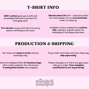 Op de afbeelding: Roze en witte grafiek met de tekst "T-Shirt Info" en "Productie & Verzending". De tekst beschrijft de details van het T-shirt, inclusief het materiaal, de pasvorm, de maat en de verzendinformatie.