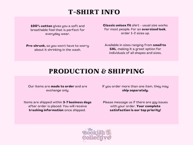 Op de afbeelding: Roze en witte grafiek met de tekst "T-Shirt Info" en "Productie & Verzending". De tekst beschrijft de details van het T-shirt, inclusief het materiaal, de pasvorm, de maat en de verzendinformatie.